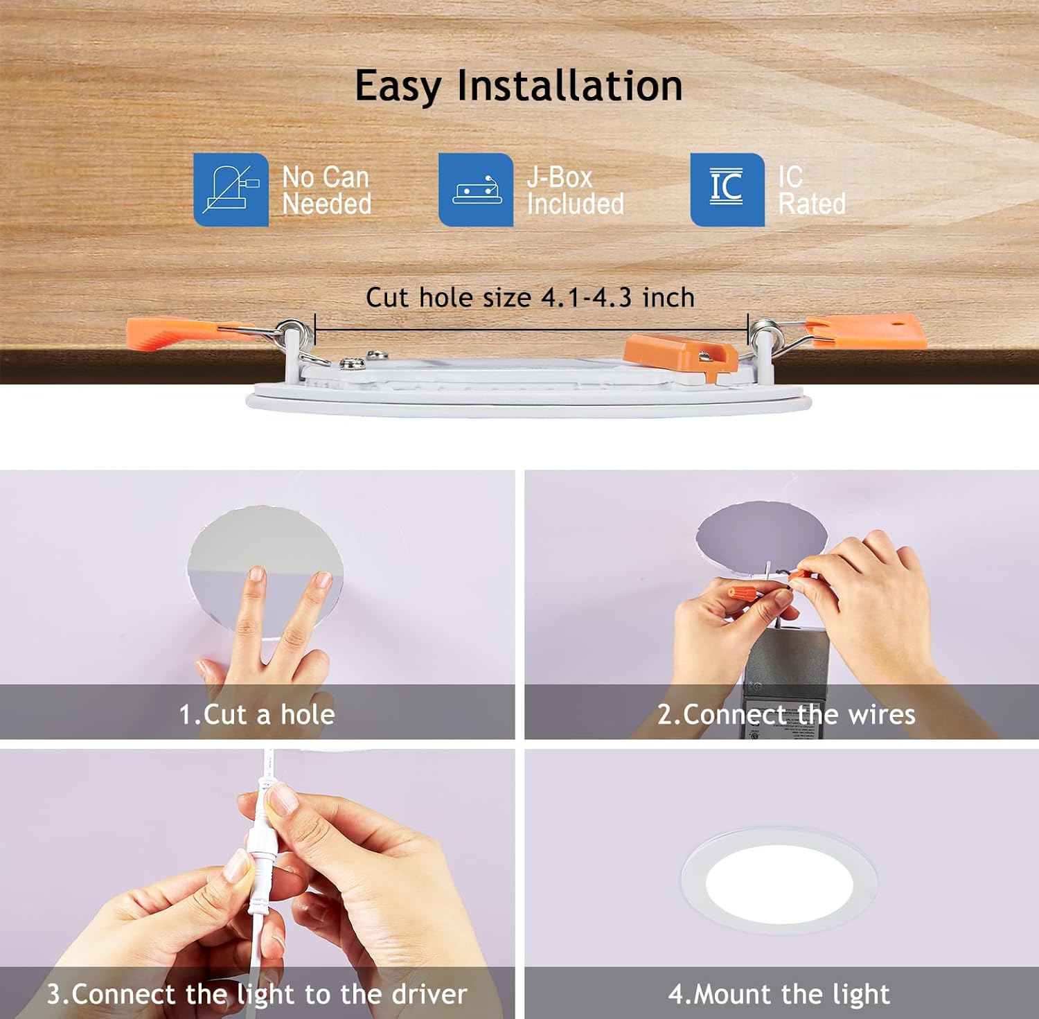 CycevSun 4 Inch Canless Wafer Pot Lights - Dimmable, 5 Color Options, 9W, 120V, IC Wet Rated, ETL - 12 Pack