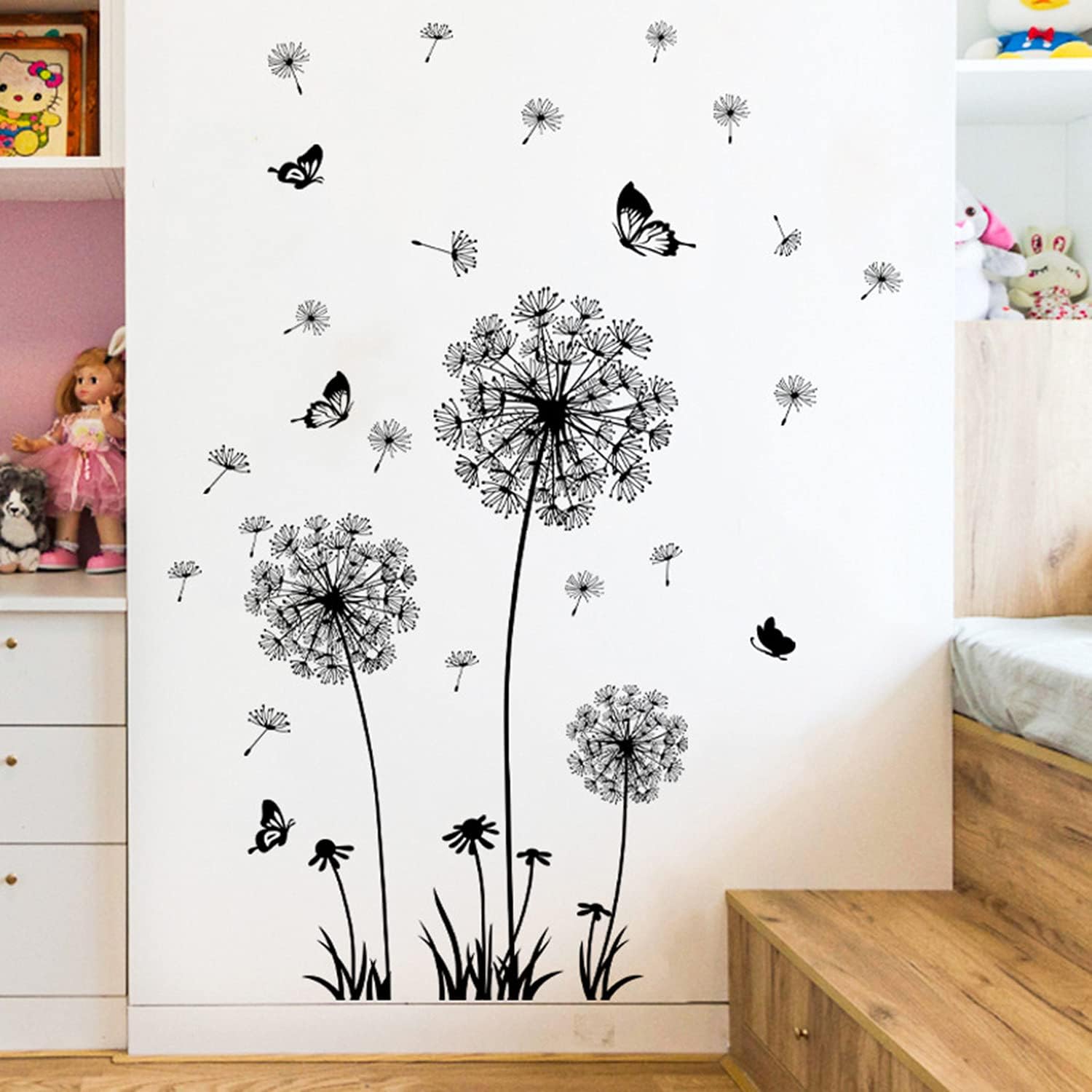 Dandelion Flower Wall Decals Set with Butterflies - Removable Floral Stickers for Bedroom, Office, Living Room - Peel and Stick Wall Art Decor for Bathroom