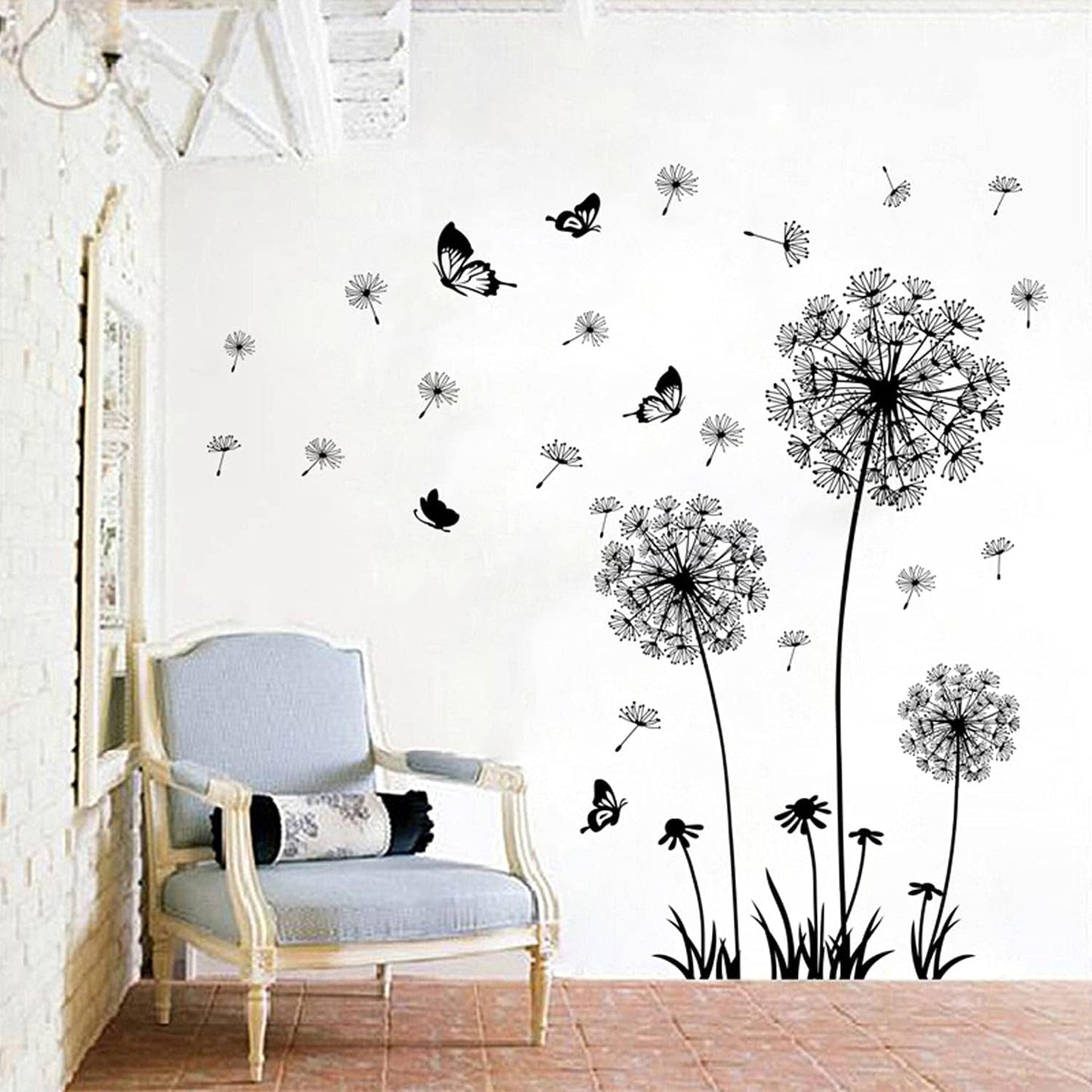Dandelion Flower Wall Decals Set with Butterflies - Removable Floral Stickers for Bedroom, Office, Living Room - Peel and Stick Wall Art Decor for Bathroom
