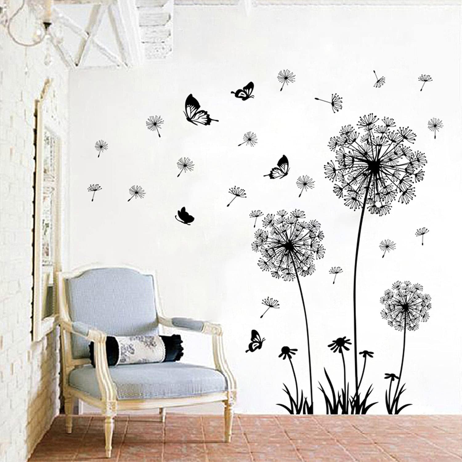 Dandelion Flower Wall Decals Set with Butterflies - Removable Floral Stickers for Bedroom, Office, Living Room - Peel and Stick Wall Art Decor for Bathroom