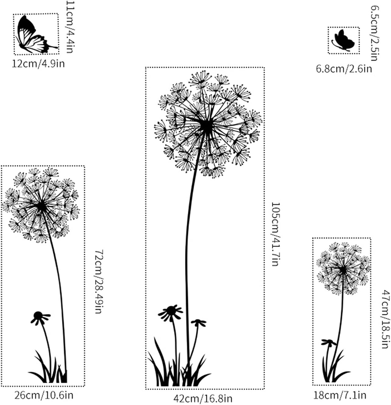 Dandelion Flower Wall Decals Set with Butterflies - Removable Floral Stickers for Bedroom, Office, Living Room - Peel and Stick Wall Art Decor for Bathroom