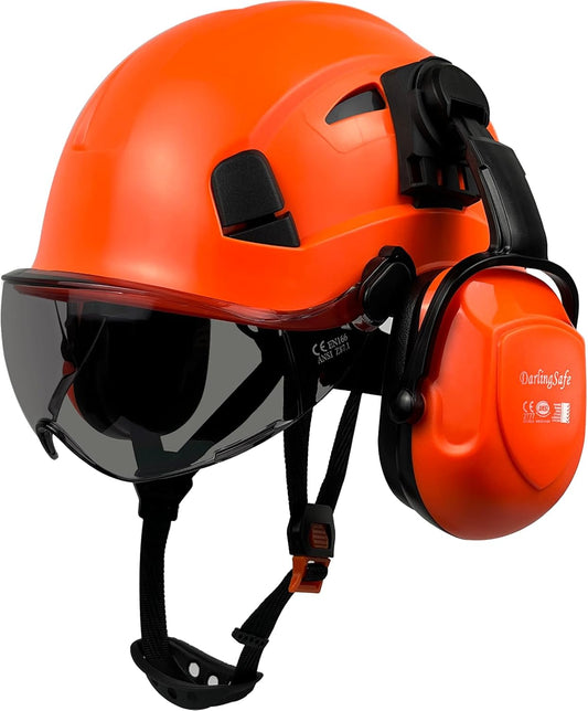 DarlingSafe Vented Safety Helmet with Visor, Ear Muffs, ANSI Z89.1 - Outdoor Work Hard Hat for Construction