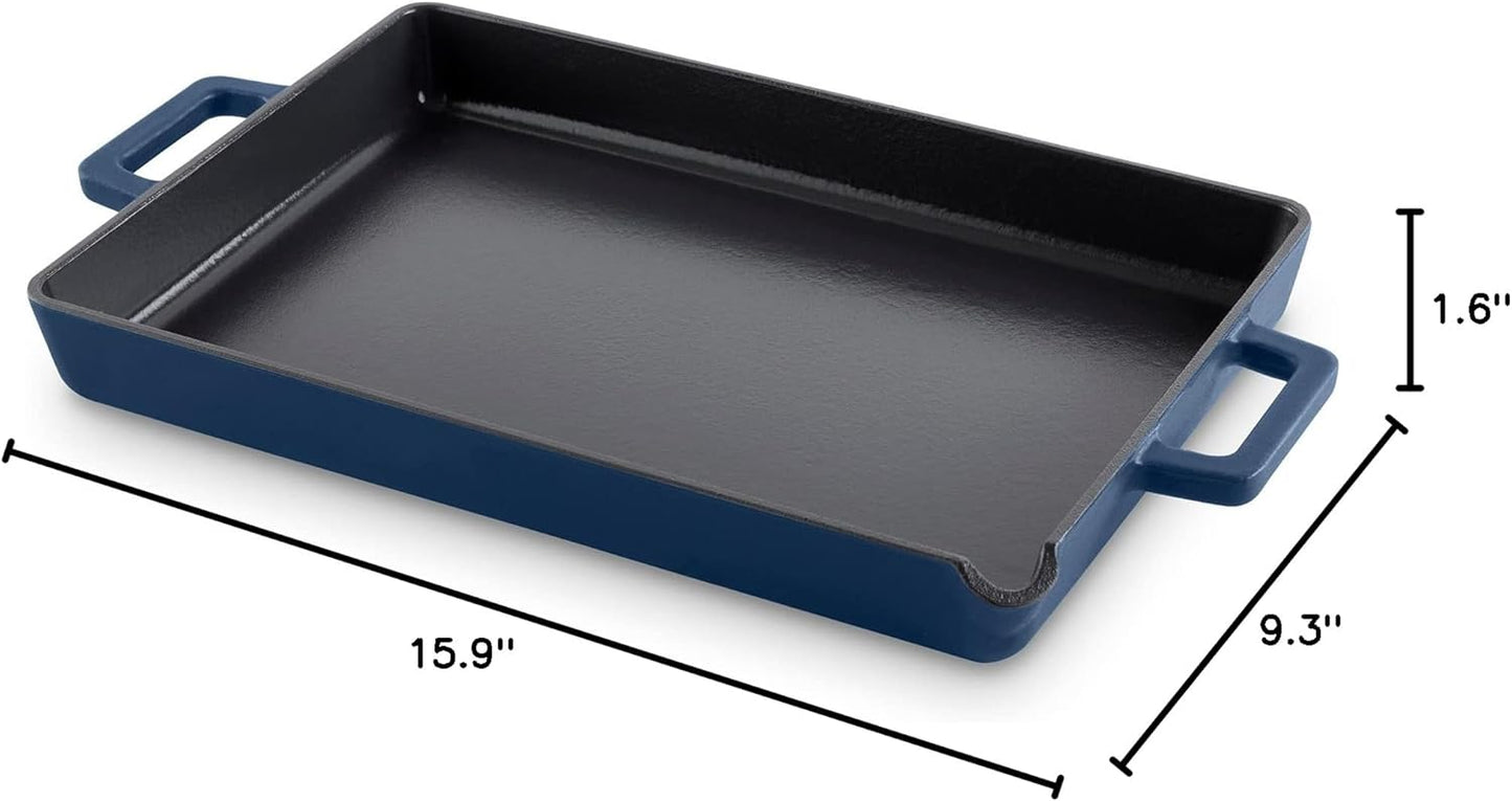 DASH Zakarian Nonstick Cast Iron Pan 9"x13" with Pour Spout and Silicone Grips - Blue, Ideal for Searing, Baking, Grilling