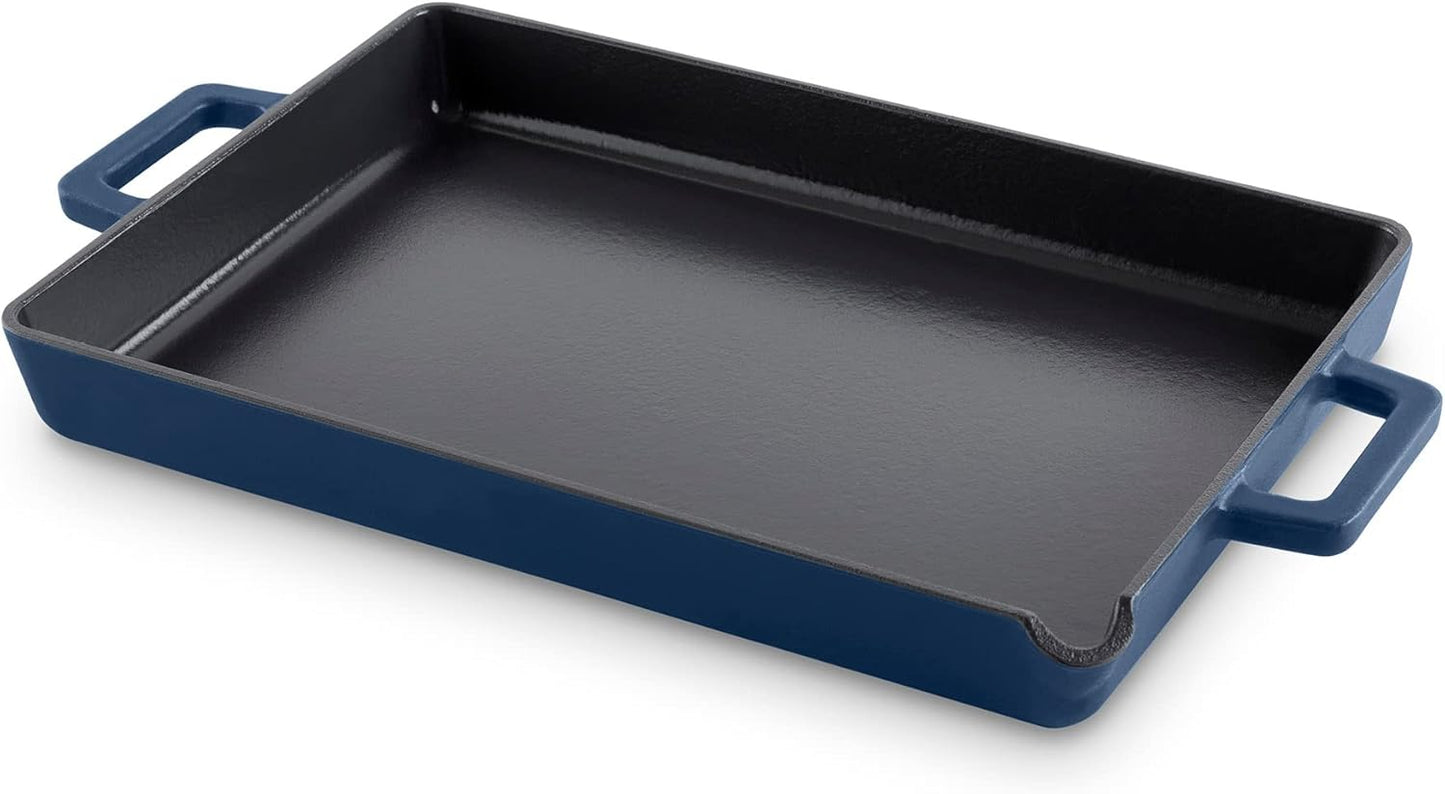 DASH Zakarian Nonstick Cast Iron Pan 9"x13" with Pour Spout and Silicone Grips - Blue, Ideal for Searing, Baking, Grilling