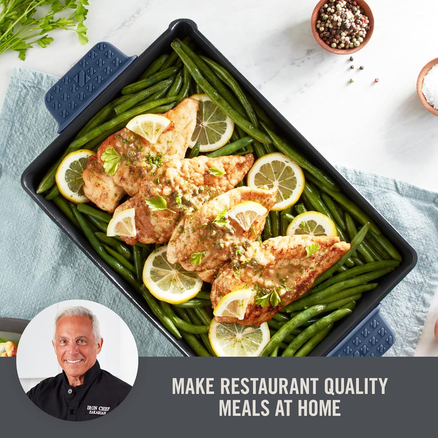 DASH Zakarian Nonstick Cast Iron Pan 9"x13" with Pour Spout and Silicone Grips - Blue, Ideal for Searing, Baking, Grilling