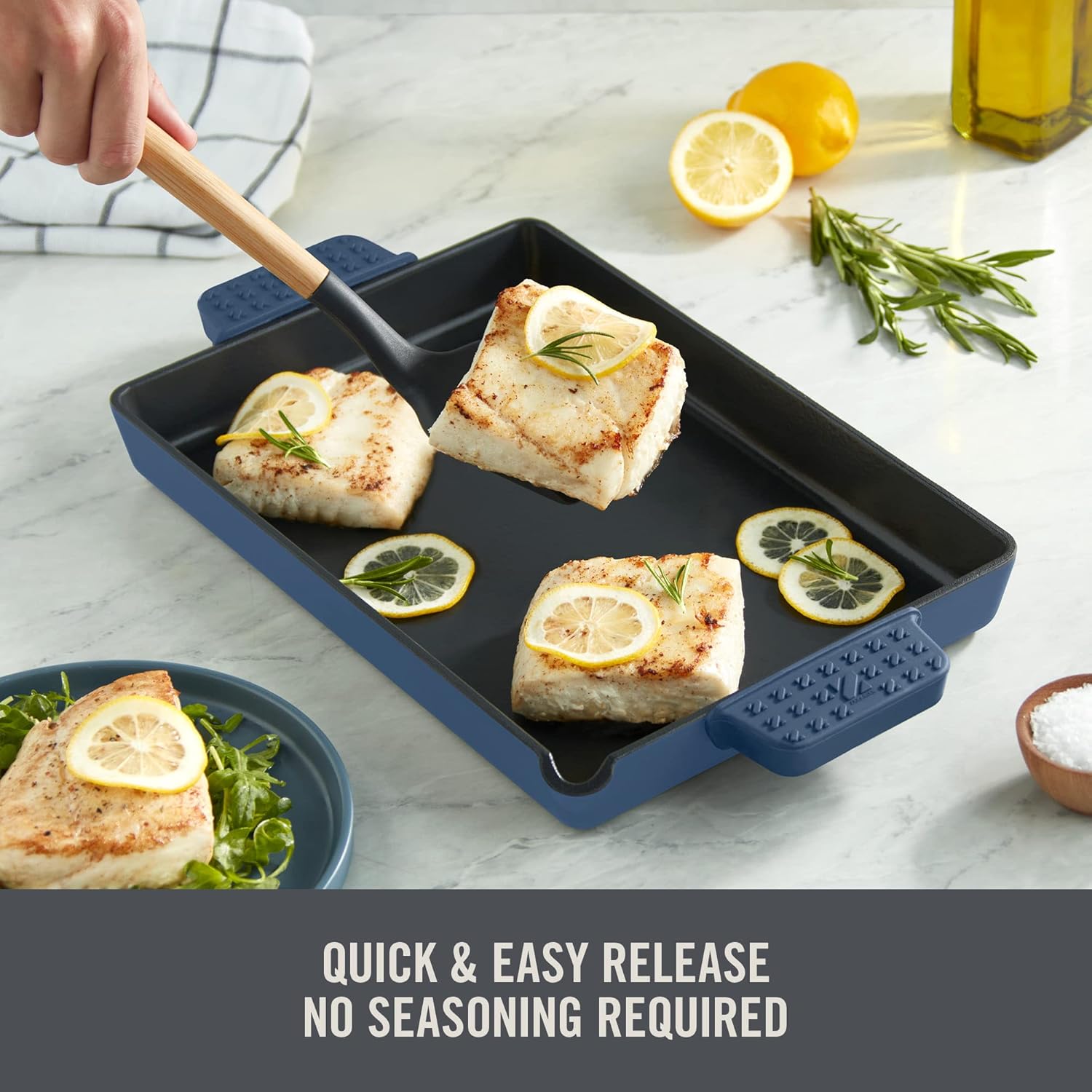 DASH Zakarian Nonstick Cast Iron Pan 9"x13" with Pour Spout and Silicone Grips - Blue, Ideal for Searing, Baking, Grilling