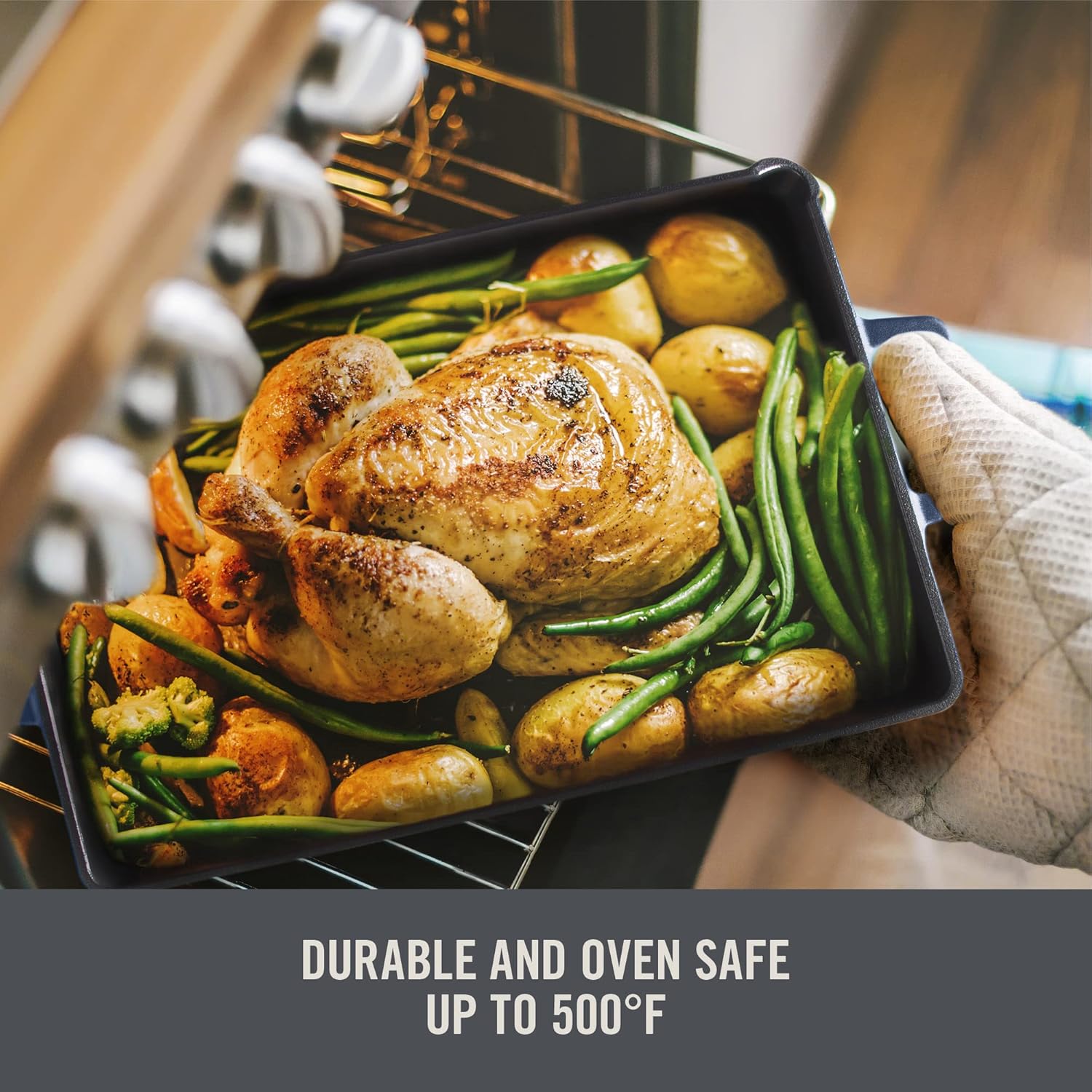 DASH Zakarian Nonstick Cast Iron Pan 9"x13" with Pour Spout and Silicone Grips - Blue, Ideal for Searing, Baking, Grilling