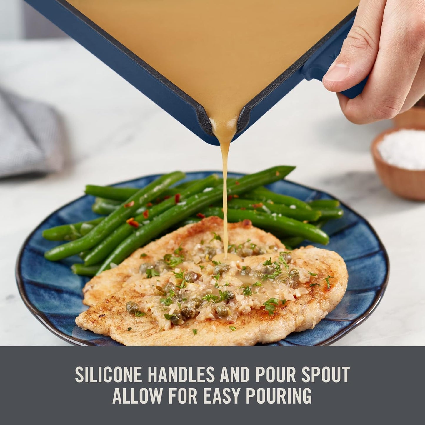 DASH Zakarian Nonstick Cast Iron Pan 9"x13" with Pour Spout and Silicone Grips - Blue, Ideal for Searing, Baking, Grilling