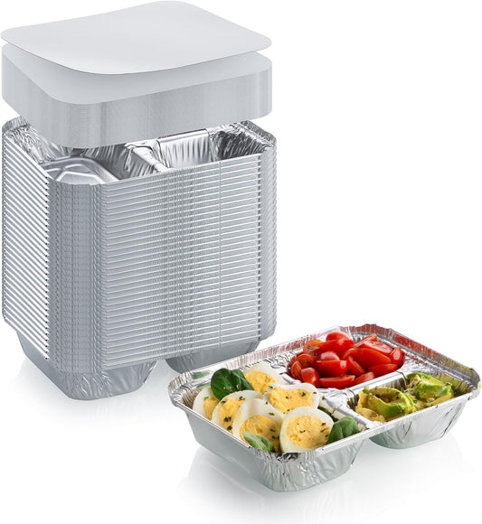 DCS Deals Disposable Aluminum Dinner Tray with Paper Lids - 3 Compartment Foil Pan for On-the-Go Meals (25 Pack)