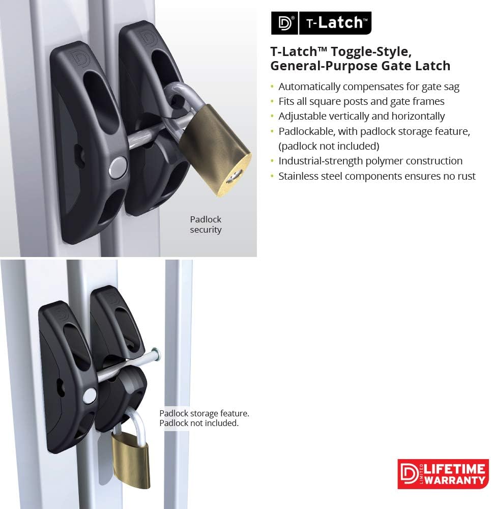 D&D Technologies TL01 T-Latch Gate Latch for Square Metal, Wood, Vinyl Gates - Padlock Compatible