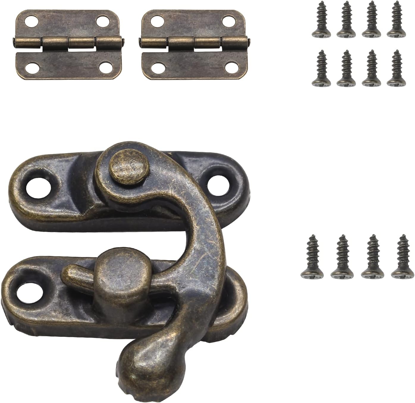 Decorative Antique Bronze Latch Hook Hasp Set with Small Box Hinges and Retro Lock - Ideal for Jewelry or Gift Boxes (1 Hasp + 2 Hinges)