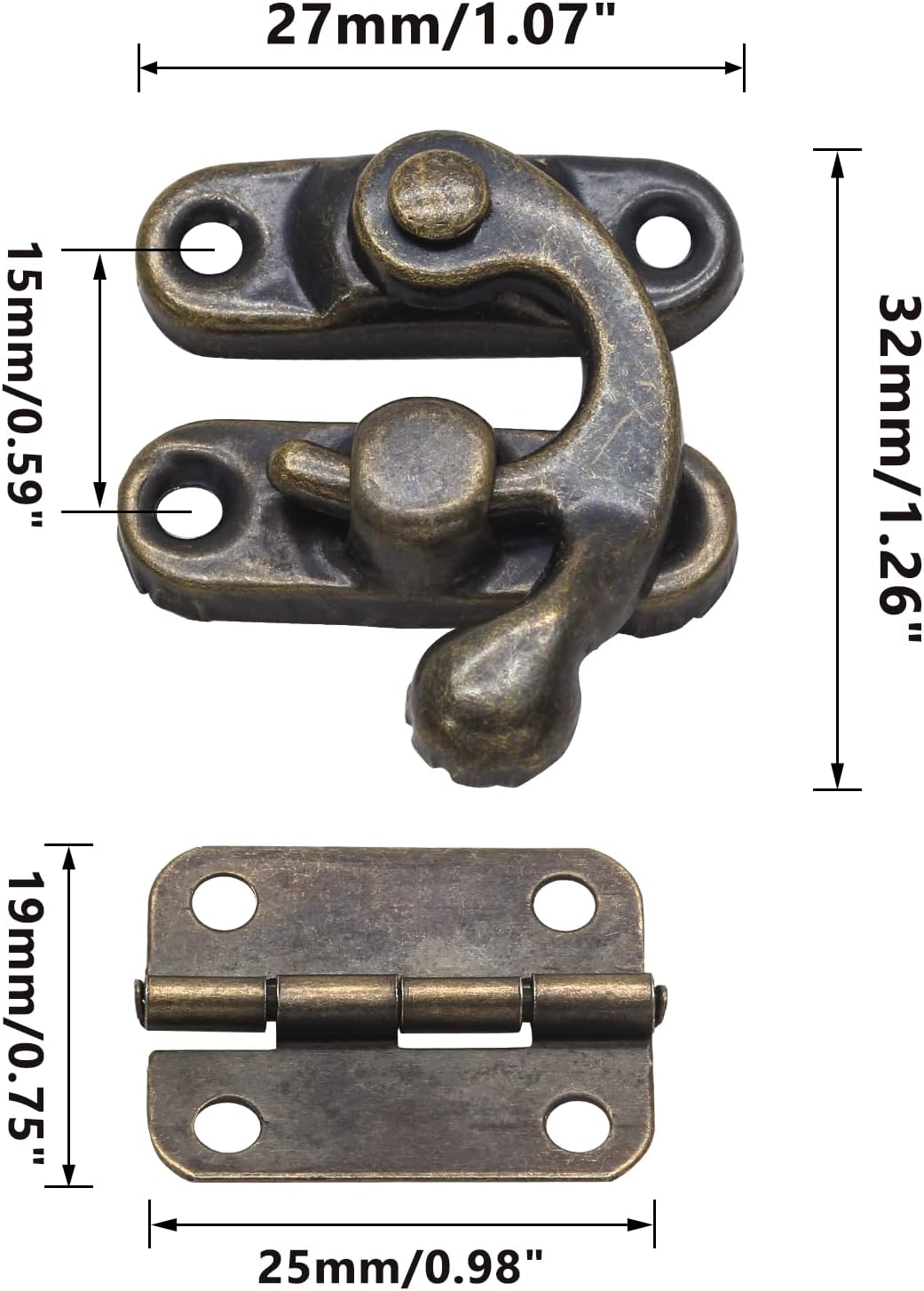 Decorative Antique Bronze Latch Hook Hasp Set with Small Box Hinges and Retro Lock - Ideal for Jewelry or Gift Boxes (1 Hasp + 2 Hinges)