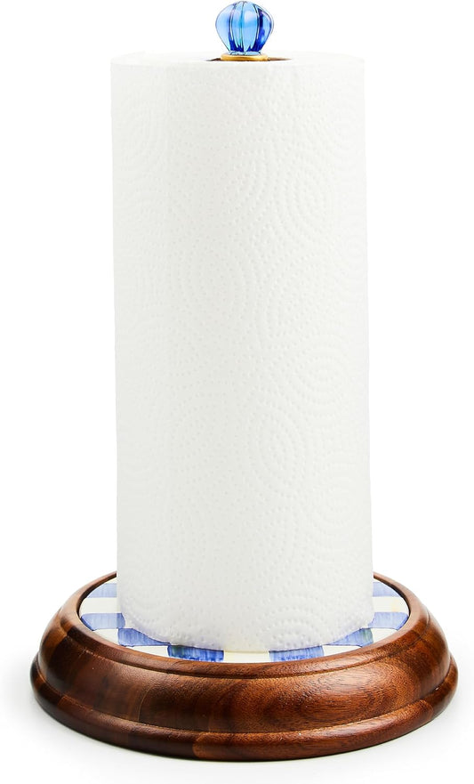 Decorative Blue-and-White Royal Check Wood Paper Towel Holder for Kitchen by MACKENZIE-CHILDS