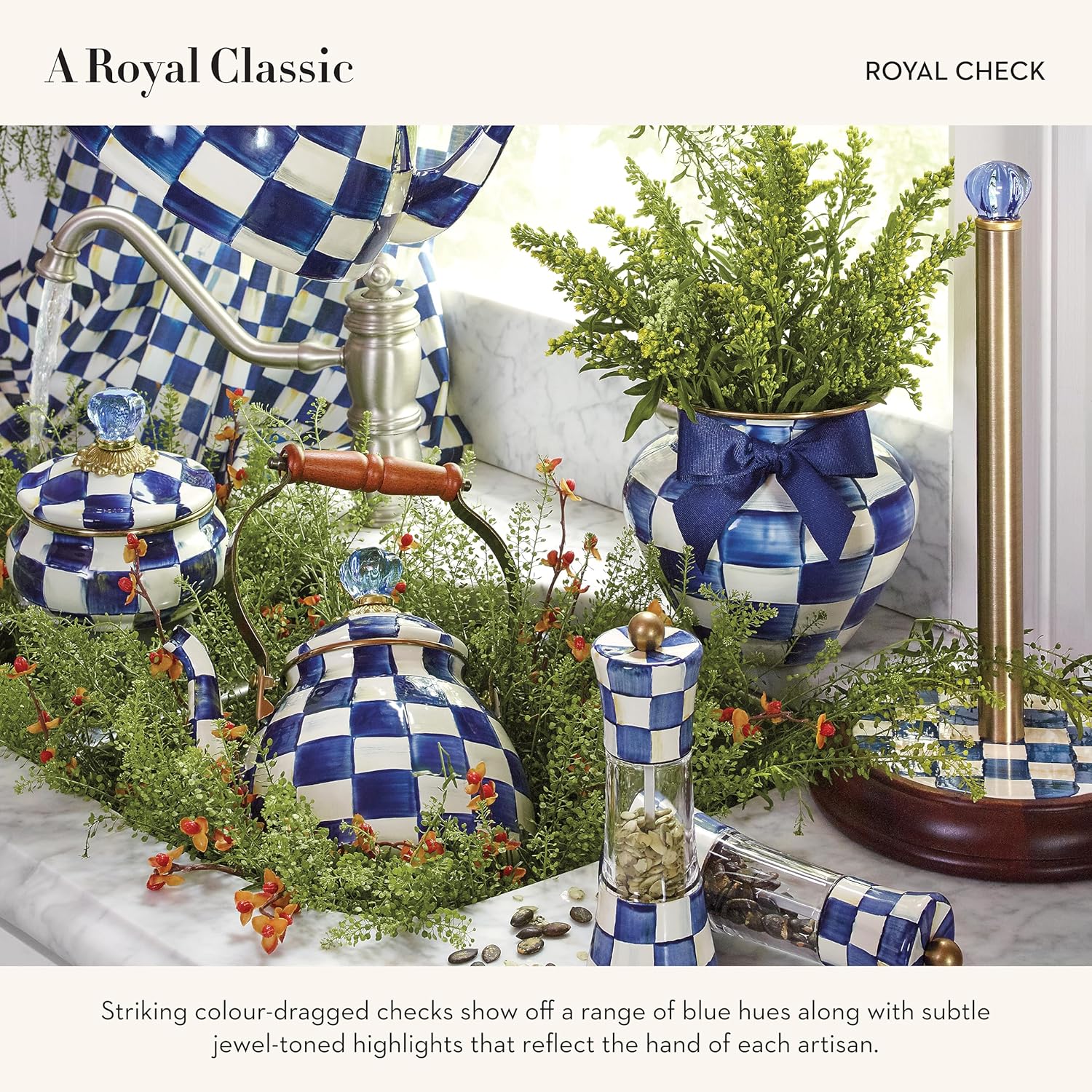 Decorative Blue-and-White Royal Check Wood Paper Towel Holder for Kitchen by MACKENZIE-CHILDS