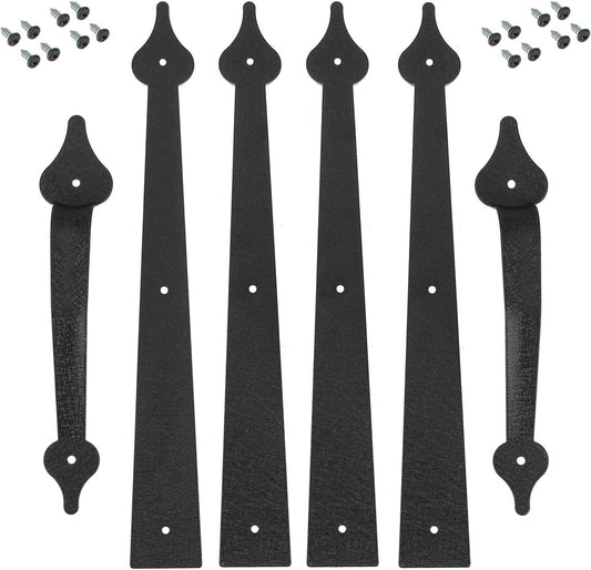 Decorative Spear Style Garage Door Hinges Handles Kit in Black - Set of 4 Hinges and 2 Handles - Faux Accents with Screw Mount Hardware - WildKart