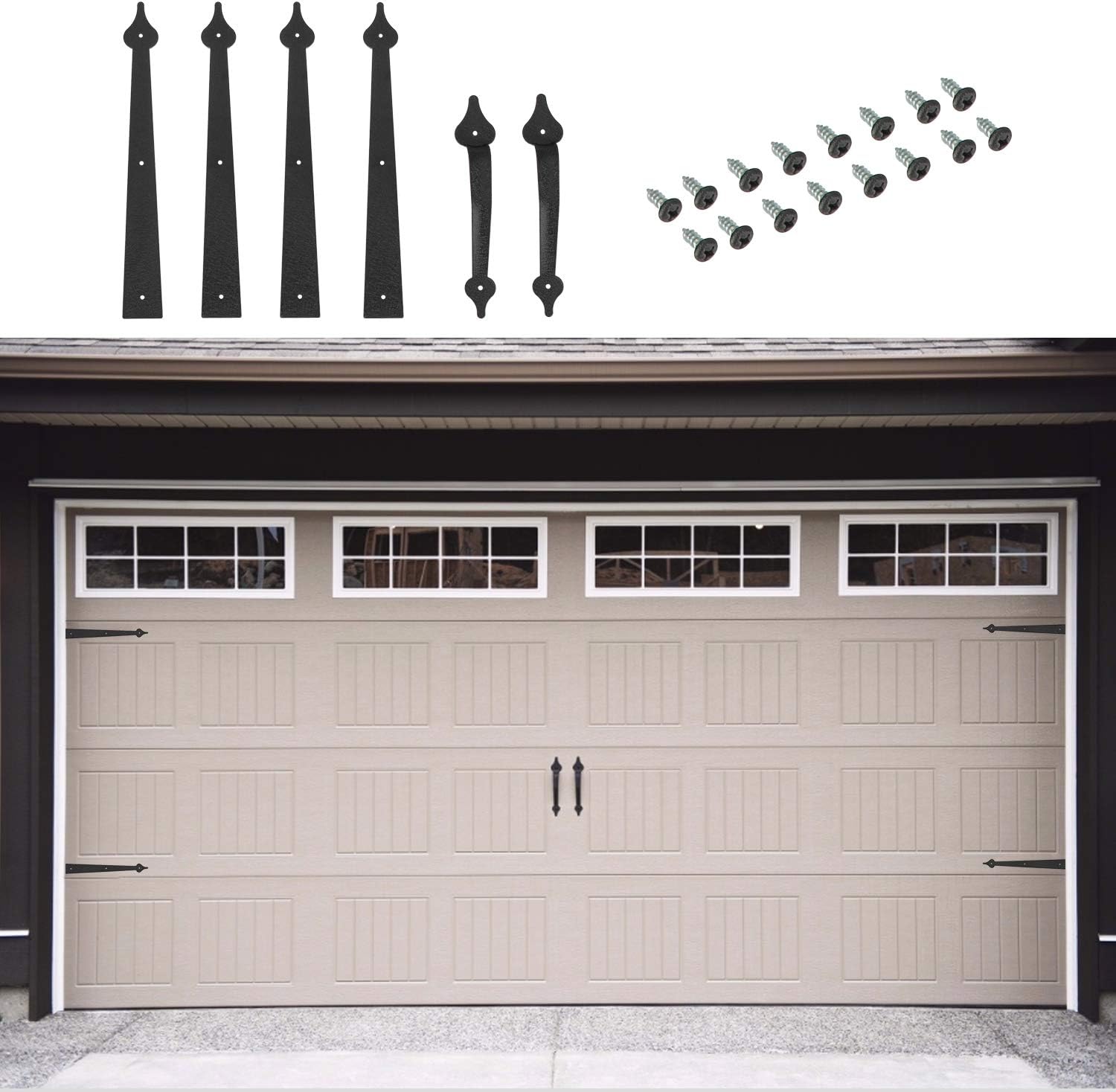 Decorative Spear Style Garage Door Hinges Handles Kit in Black - Set of 4 Hinges and 2 Handles - Faux Accents with Screw Mount Hardware - WildKart