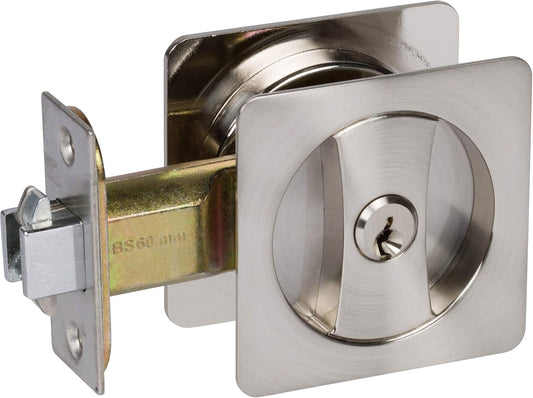 Delaney Hardware 370009 Contemporary Square Pocket Lock in Satin Nickel for Sliding Doors with Key