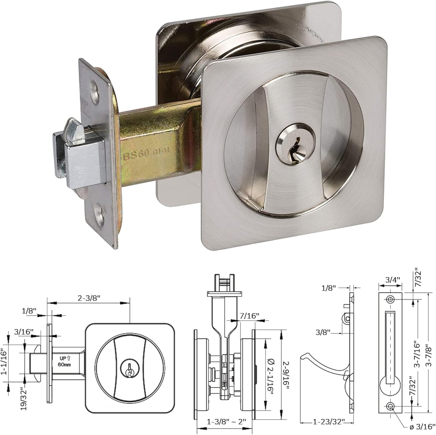 Delaney Hardware 370009 Contemporary Square Pocket Lock in Satin Nickel for Sliding Doors with Key
