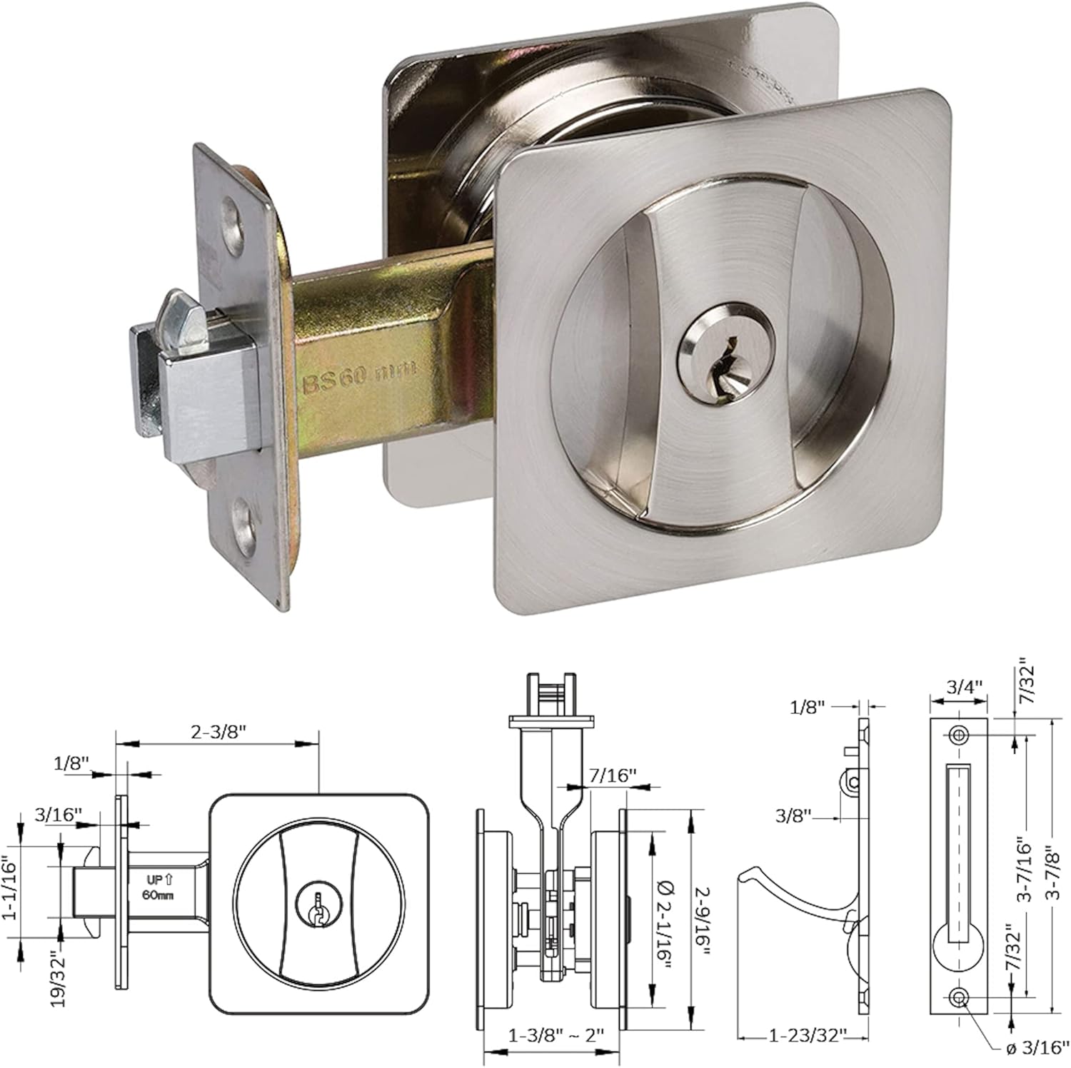 Delaney Hardware 370009 Contemporary Square Pocket Lock in Satin Nickel for Sliding Doors with Key