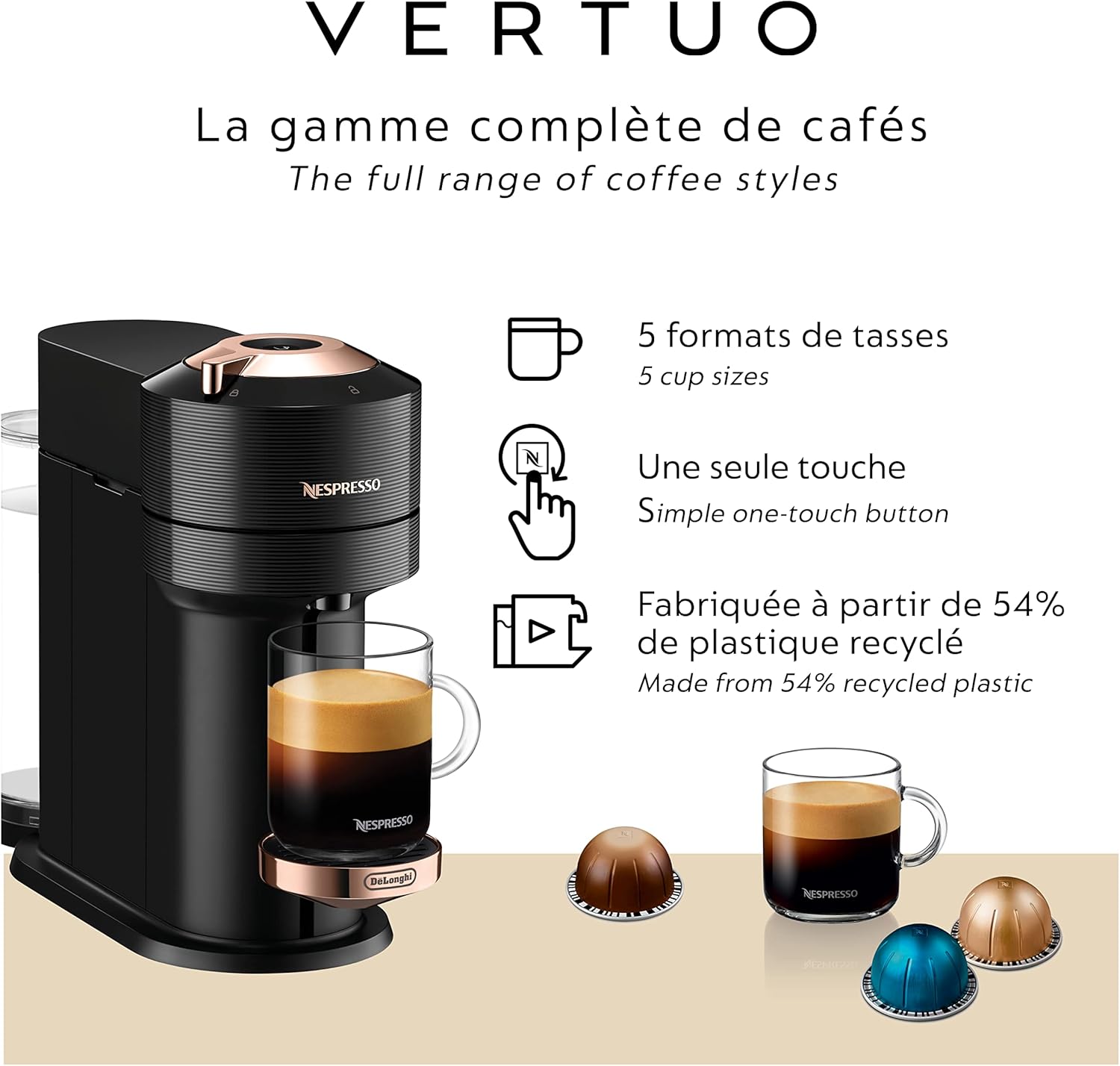 De'Longhi Nespresso Vertuo Next Coffee & Espresso Machine - Black/Rose Gold