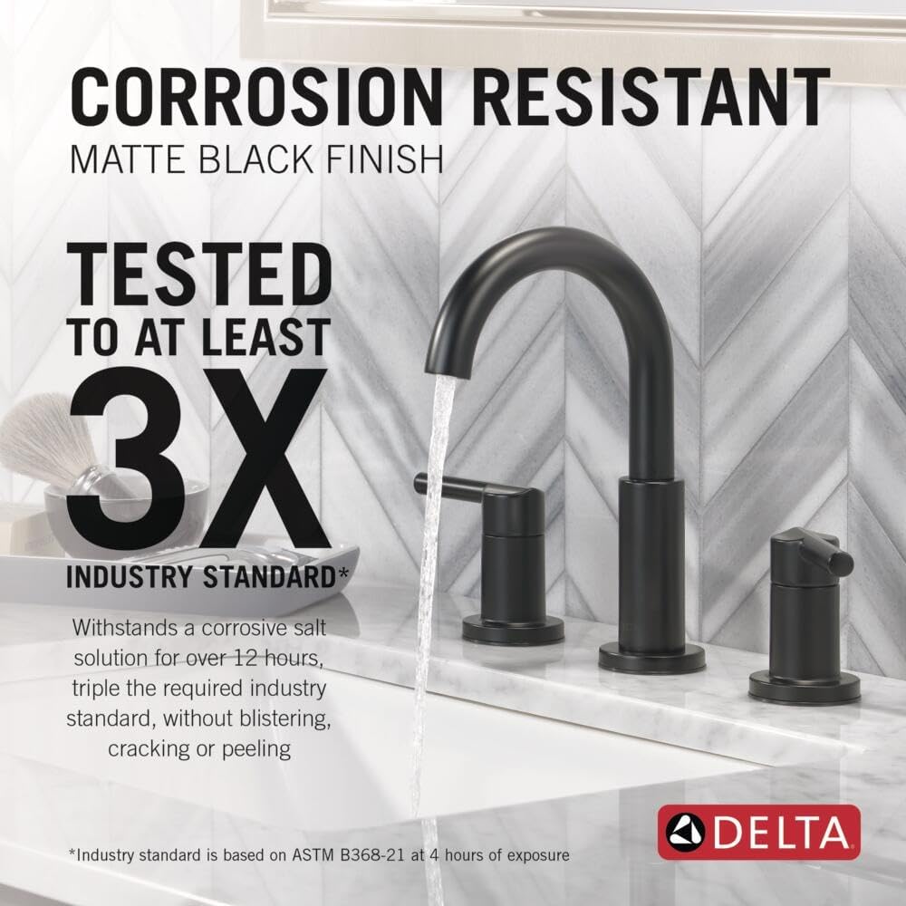 Delta Nicoli Matte Black Widespread Bathroom Faucet with 2 Handles and Drain Assembly