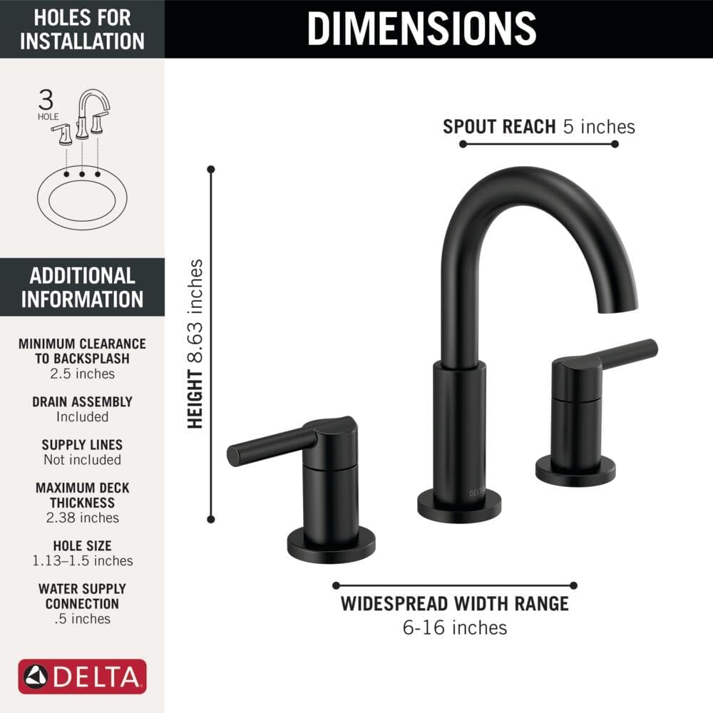 Delta Nicoli Matte Black Widespread Bathroom Faucet with 2 Handles and Drain Assembly