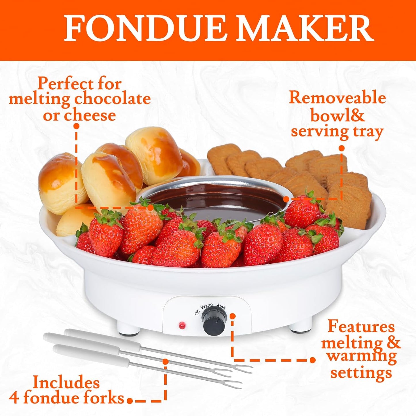 Deluxe Electric Fondue Pot Set with 4 Forks, Melting/Warming Setting, Removable Tray - Ideal for Chocolate, Cheese, Parties, Gifts, and Date Night