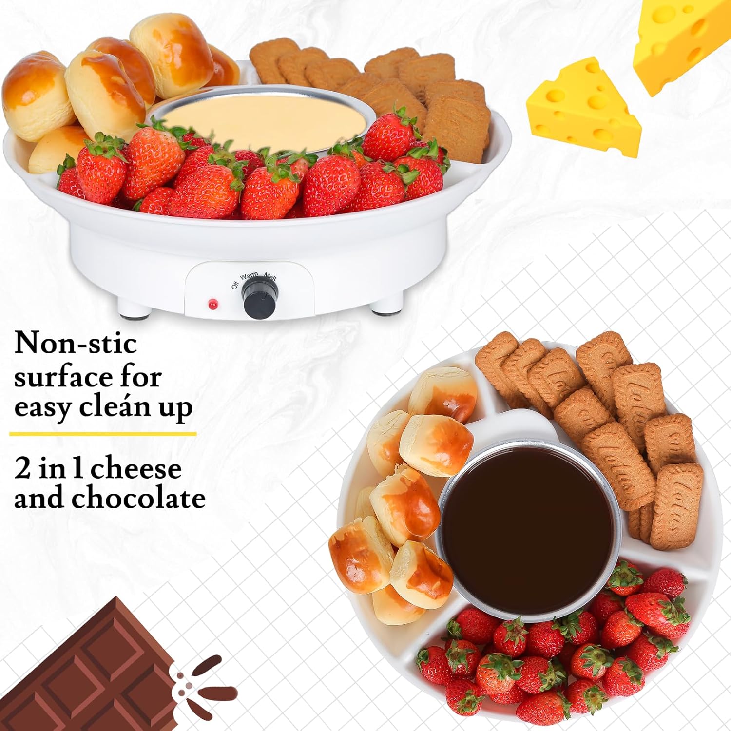 Deluxe Electric Fondue Pot Set with 4 Forks, Melting/Warming Setting, Removable Tray - Ideal for Chocolate, Cheese, Parties, Gifts, and Date Night