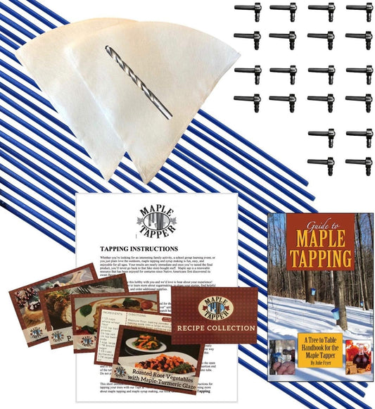 Deluxe Maple Syrup Tree Tapping Kit - (20) Taps, (20) 3-Foot Tubes, (2) 1-Quart Sap Filters - Dark Blue Tubing - Recipe Cards, Drill Bit, Guide Book