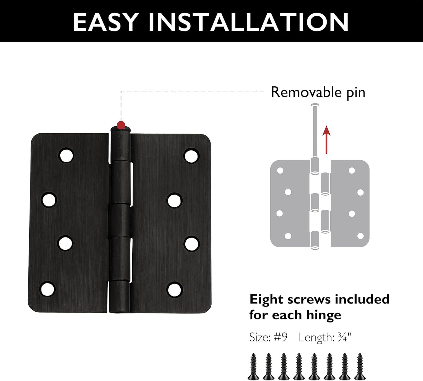 Design House 181552 Oil Rubbed Bronze Interior Door Hinges 3-Pack, 4" x 4" Steel with 1/4" Radius