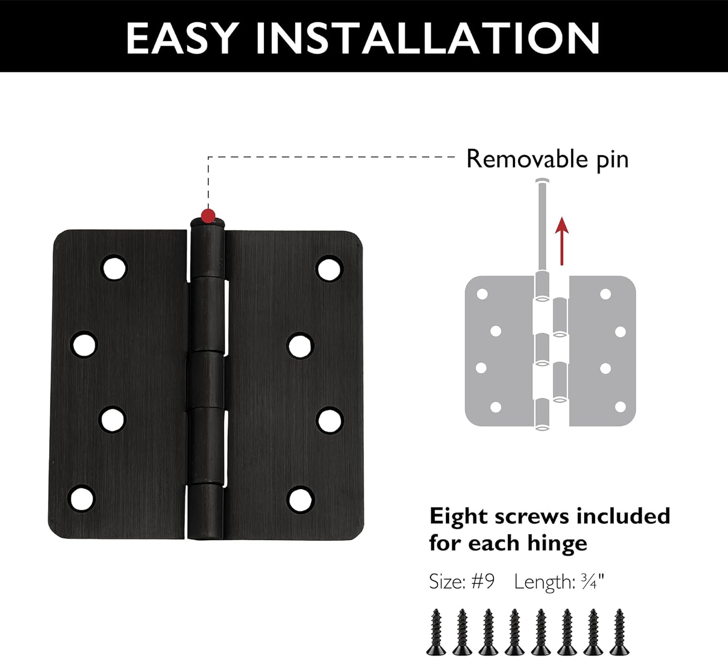Design House 181552 Oil Rubbed Bronze Interior Door Hinges 3-Pack, 4" x 4" Steel with 1/4" Radius