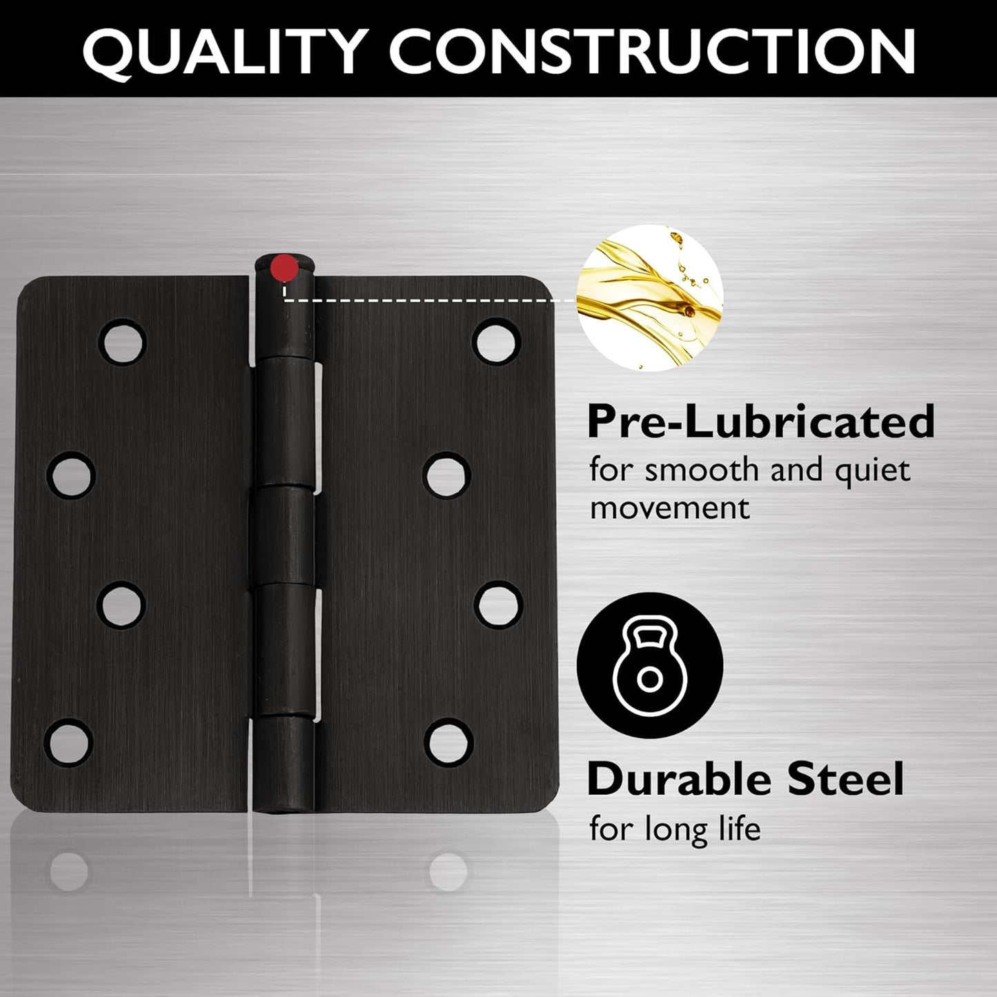 Design House 181552 Oil Rubbed Bronze Interior Door Hinges 3-Pack, 4" x 4" Steel with 1/4" Radius