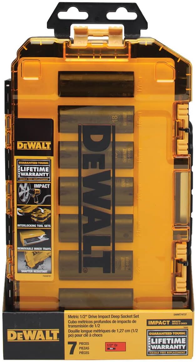 DEWALT DWMT74737 Tough Box 7-Piece 1/2" Deep Drive Metric Impact Socket Set