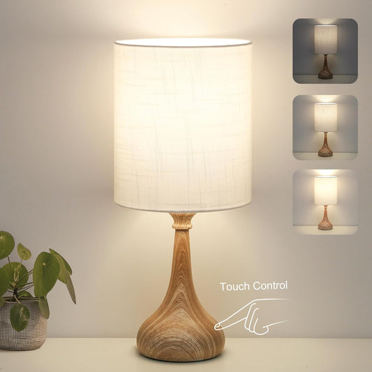 Dimmable Bedside Lamp with Touch Control, Wood Grain Base, Desk and Night Light for Bedroom and Living Room - Includes 9W LED Bulb