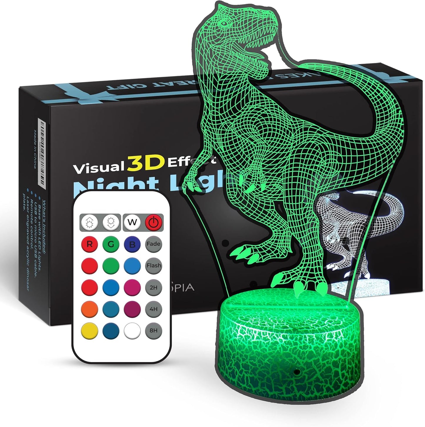 Dinosaur 3D Night Light for Kids Room - 16 Color Options, Timer, Remote Control, Flashing, Fading, Dimmer