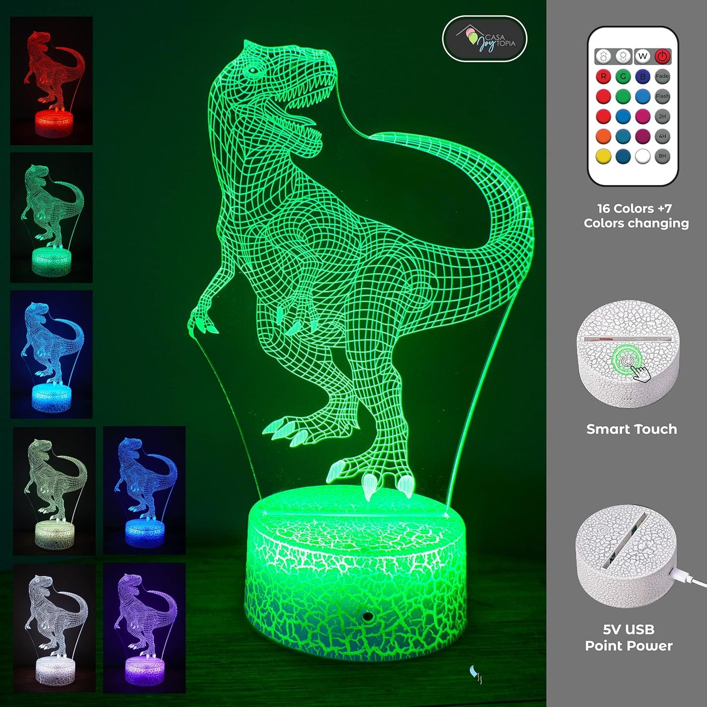 Dinosaur 3D Night Light for Kids Room - 16 Color Options, Timer, Remote Control, Flashing, Fading, Dimmer