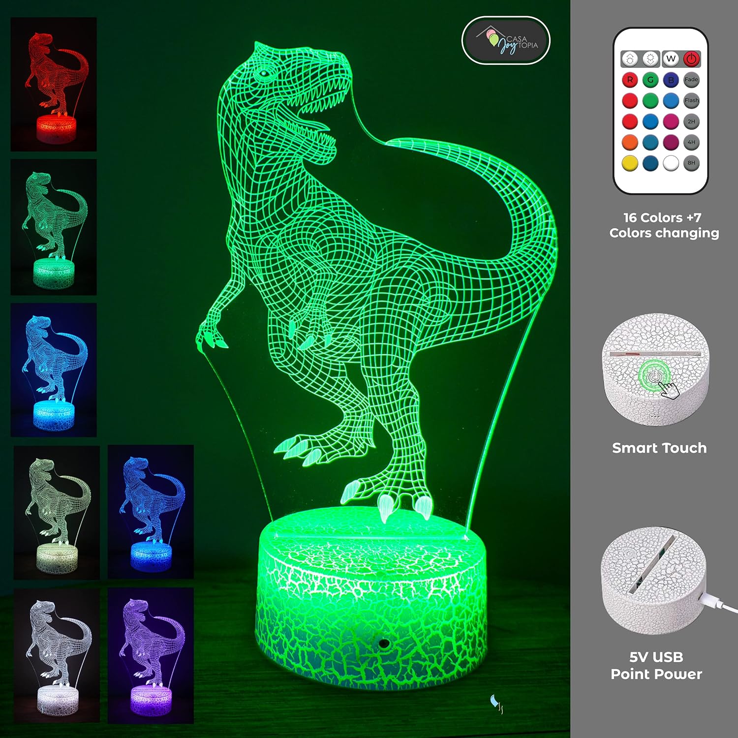 Dinosaur 3D Night Light for Kids Room - 16 Color Options, Timer, Remote Control, Flashing, Fading, Dimmer