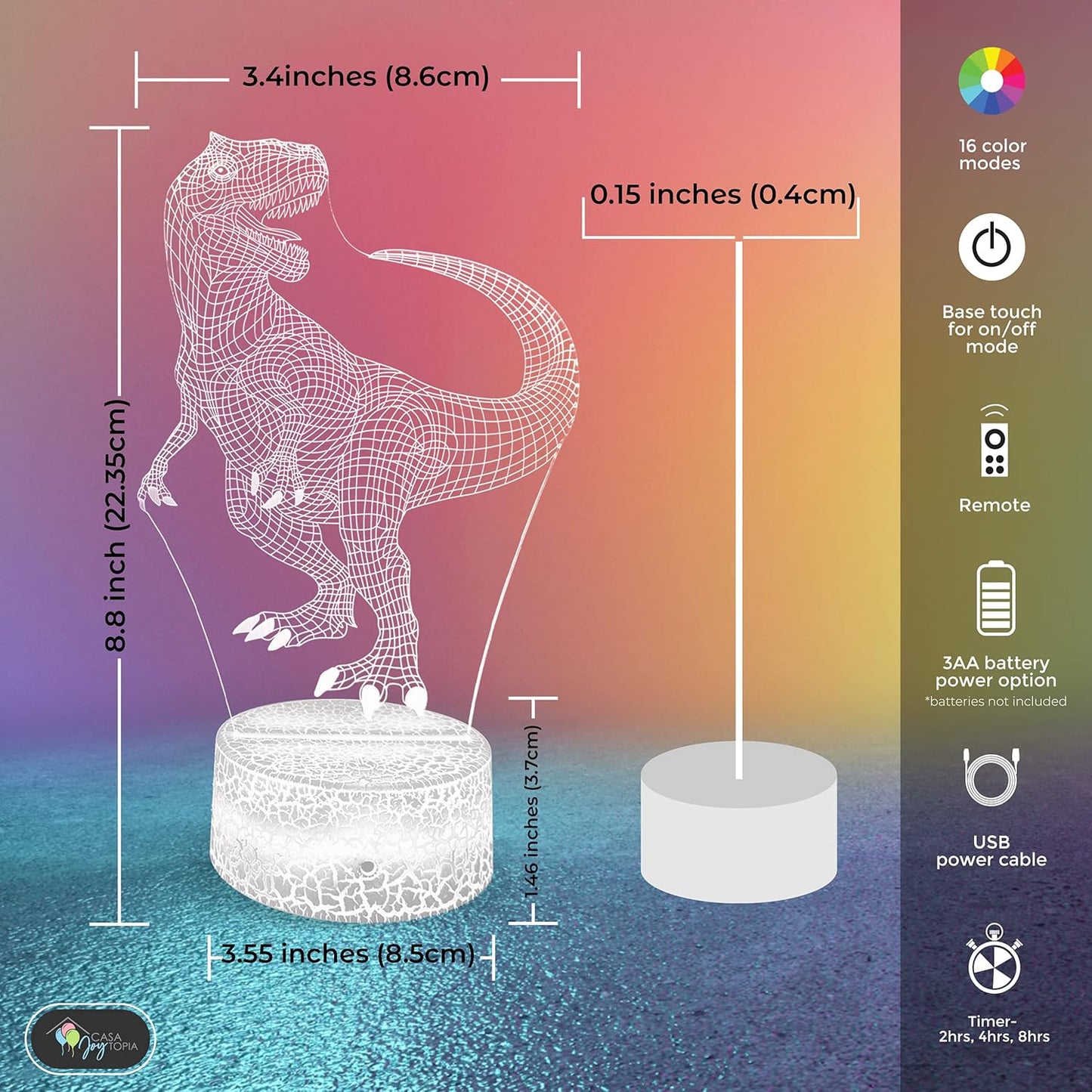 Dinosaur 3D Night Light for Kids Room - 16 Color Options, Timer, Remote Control, Flashing, Fading, Dimmer
