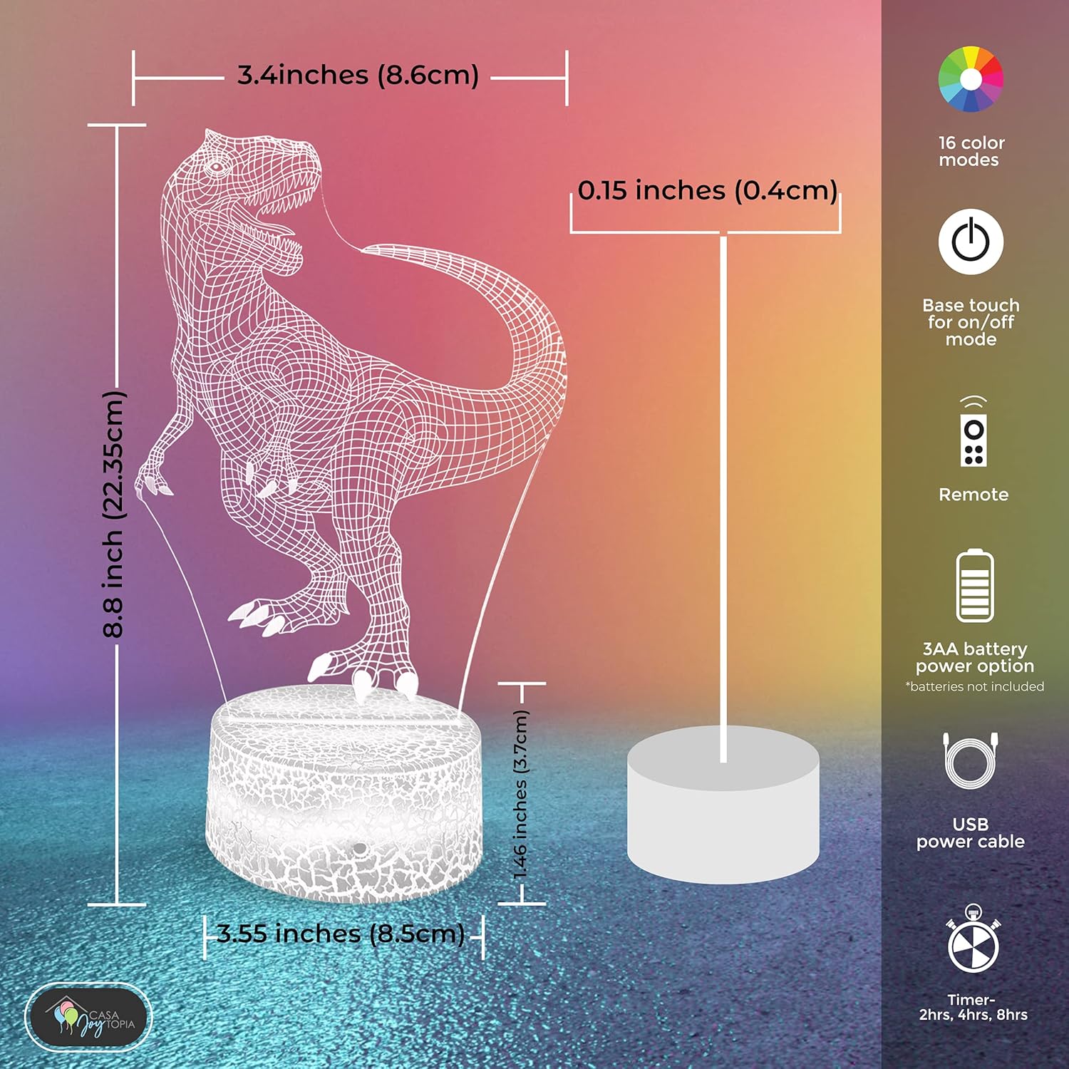 Dinosaur 3D Night Light for Kids Room - 16 Color Options, Timer, Remote Control, Flashing, Fading, Dimmer