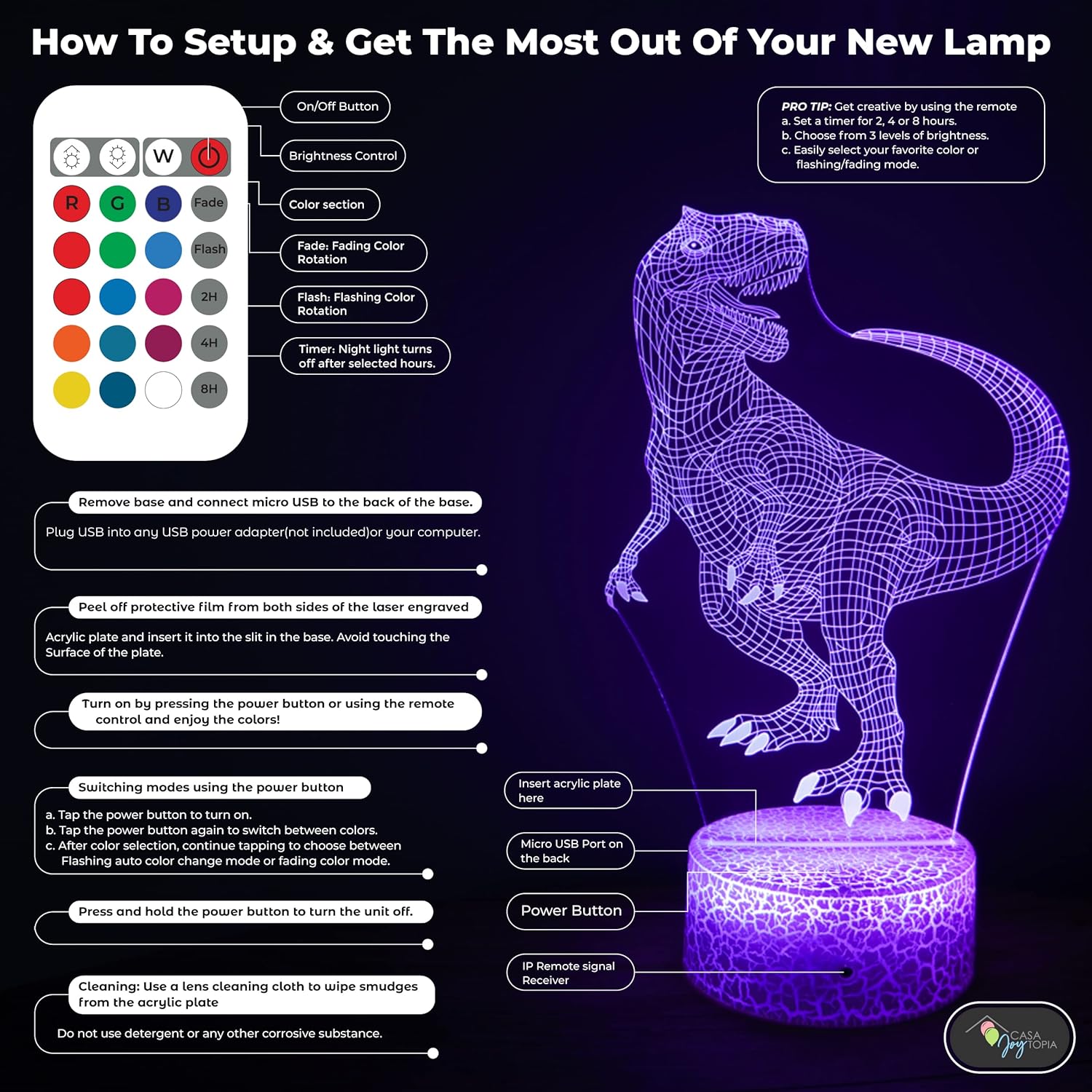 Dinosaur 3D Night Light for Kids Room - 16 Color Options, Timer, Remote Control, Flashing, Fading, Dimmer