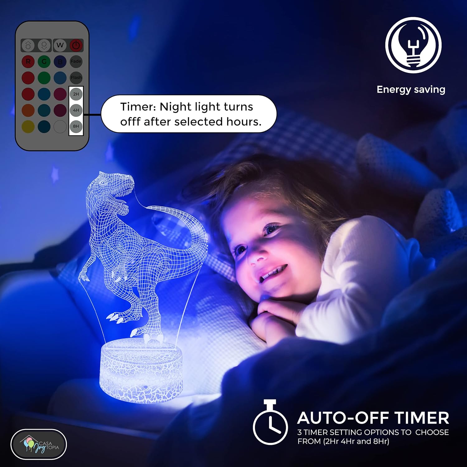 Dinosaur 3D Night Light for Kids Room - 16 Color Options, Timer, Remote Control, Flashing, Fading, Dimmer