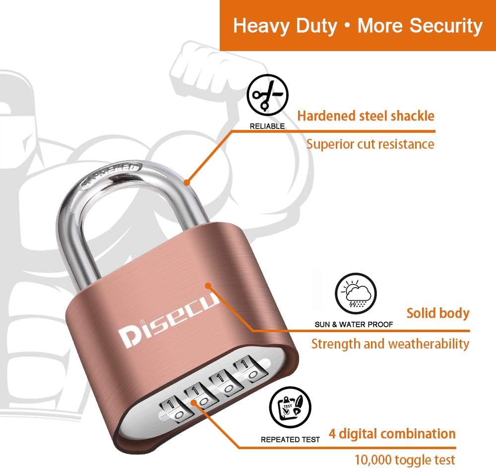 disecu 4 Digit Heavy Duty Combination Lock with 1.3 Inch Shackle - Waterproof Padlock for Gate, Fence, Gym Locker - Antique Brass