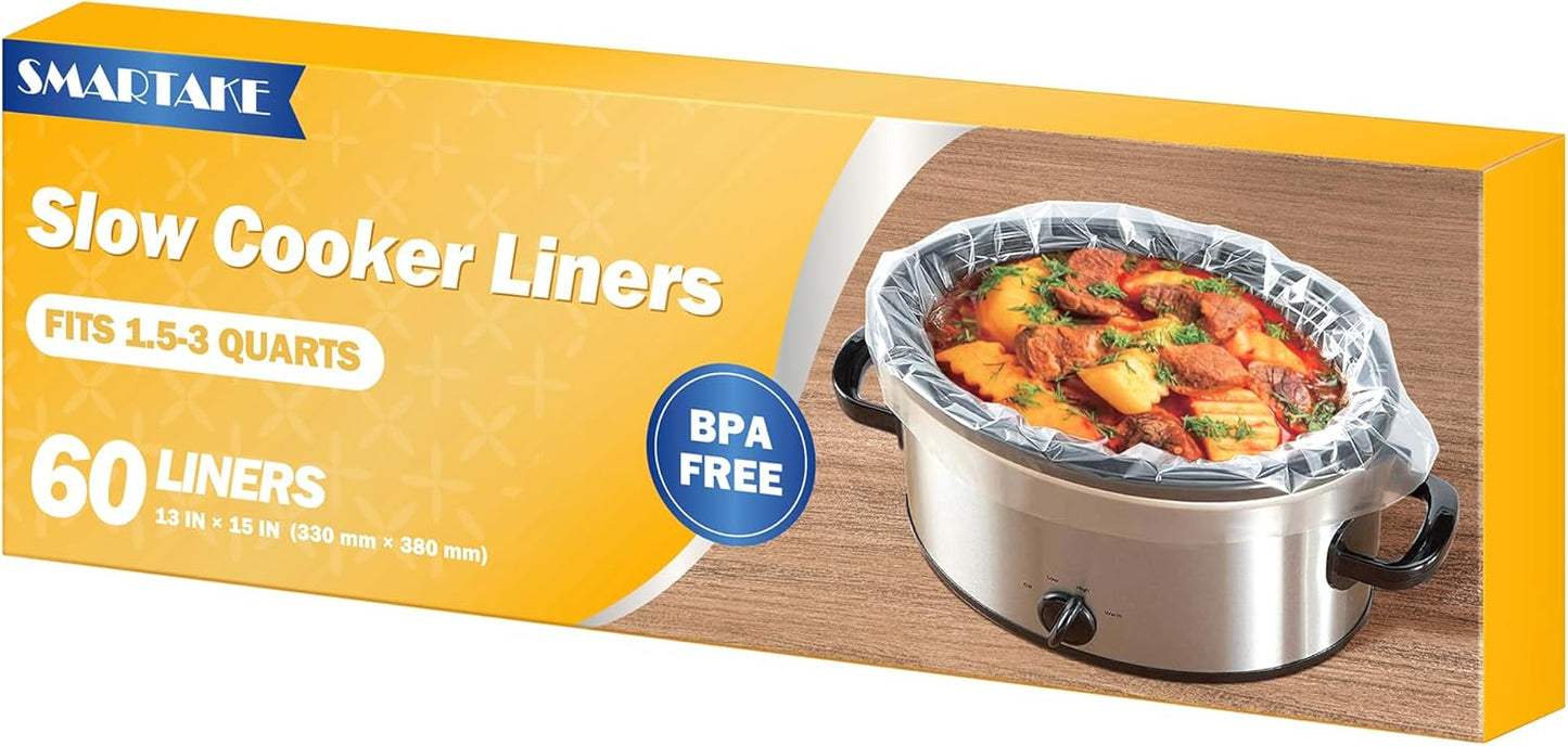 Disposable Slow Cooker Liners - Small Size 13"x 15", 60 Bags, Fits 1.5-3QT Cookers, Oval & Round Pots, Cooking Trays - by SMARTAKE