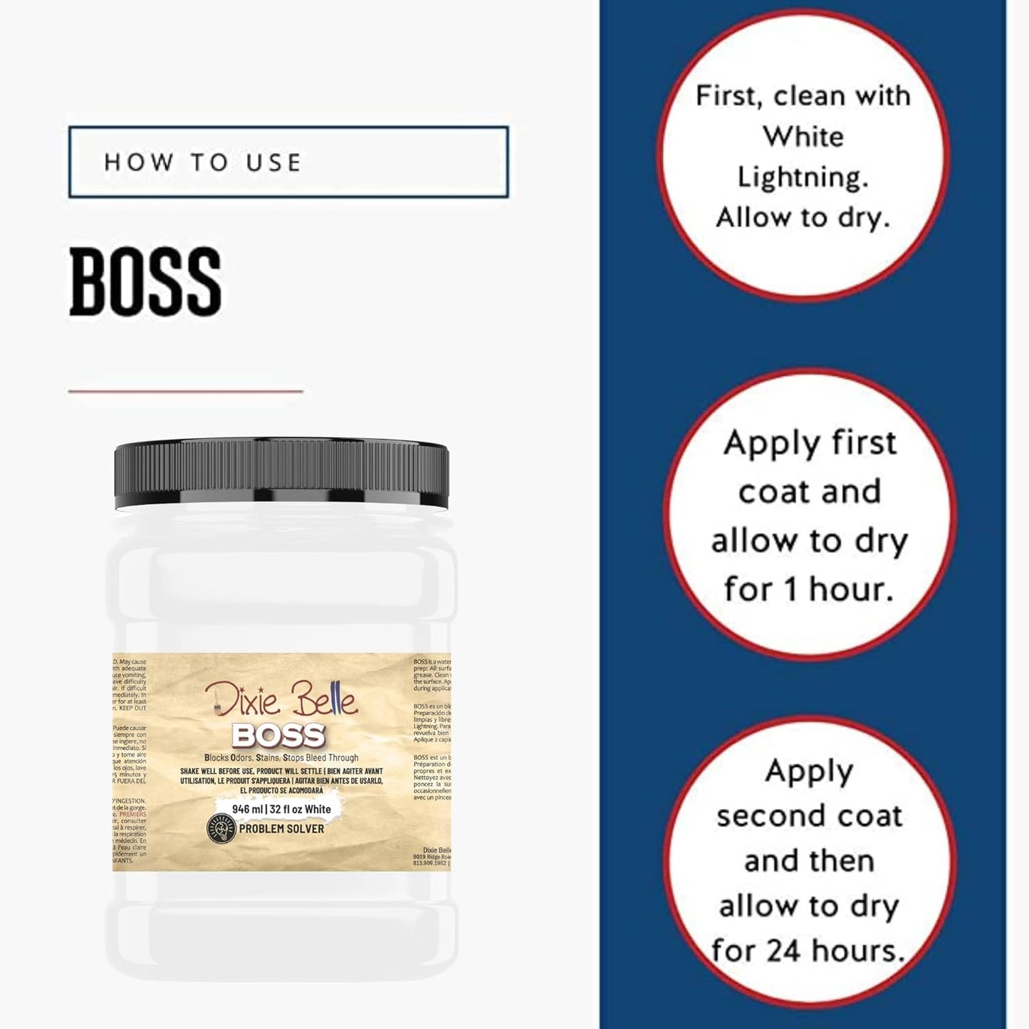 Dixie Belle BOSS White Water-Based Paint Primer - 32oz - Blocks Odor, Stains, Stops Bleed Through