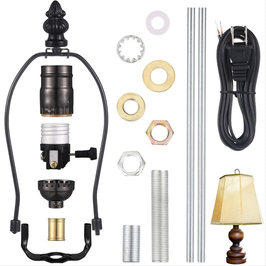 DIY Lamp Repair Kit with 8'' Harp, 12" Tube Pipe, 3 Way Socket, 8 ft Cord - Baquler 2 Set for Antique Table Centerpiece Design