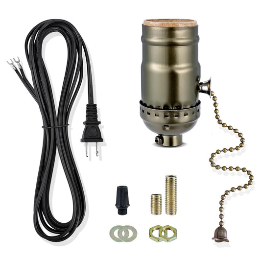 DIY Lamp Repair Kit with Pull Chain ON/OFF Switch, 8ft Cord, Hardware - Vintage Lamp Rewiring (Antique Brass)
