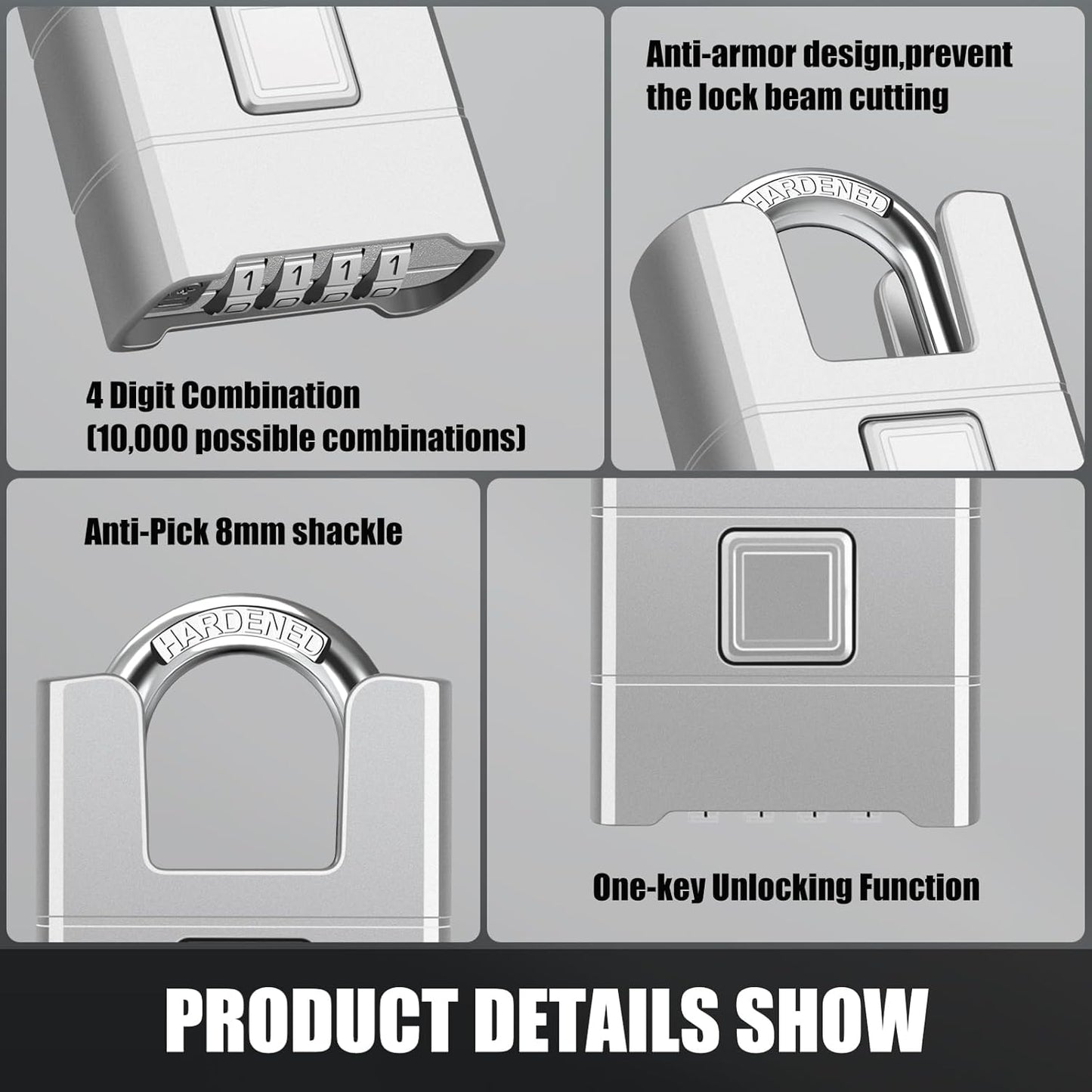 Diyife Heavy Duty Combination Padlock for High Security - Large Outdoor Lock with Hidden Password Design - Ideal for Locker, Home, School, Garage, Gate - One-Touch Unlocking - Silver - WildKart