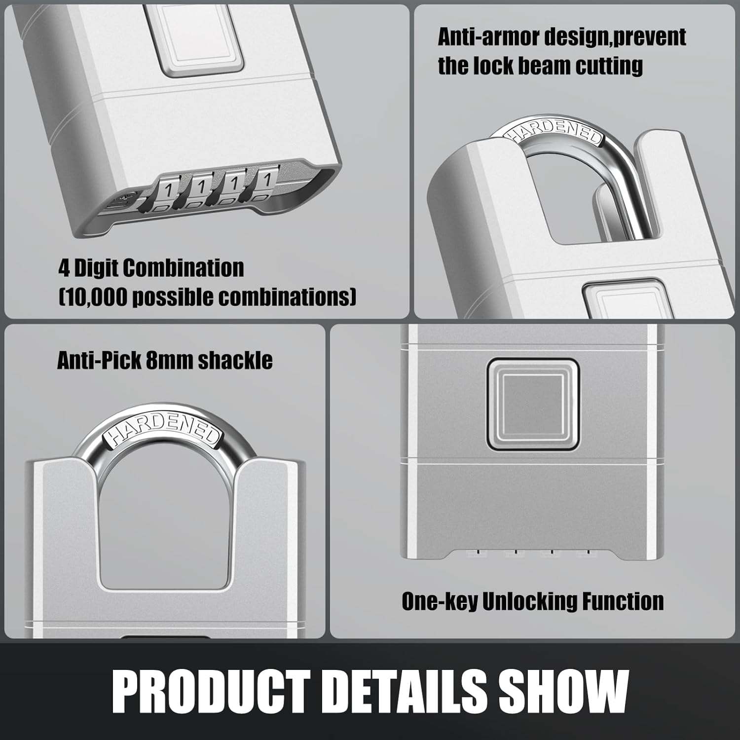 Diyife Heavy Duty Combination Padlock for High Security - Large Outdoor Lock with Hidden Password Design - Ideal for Locker, Home, School, Garage, Gate - One-Touch Unlocking - Silver - WildKart