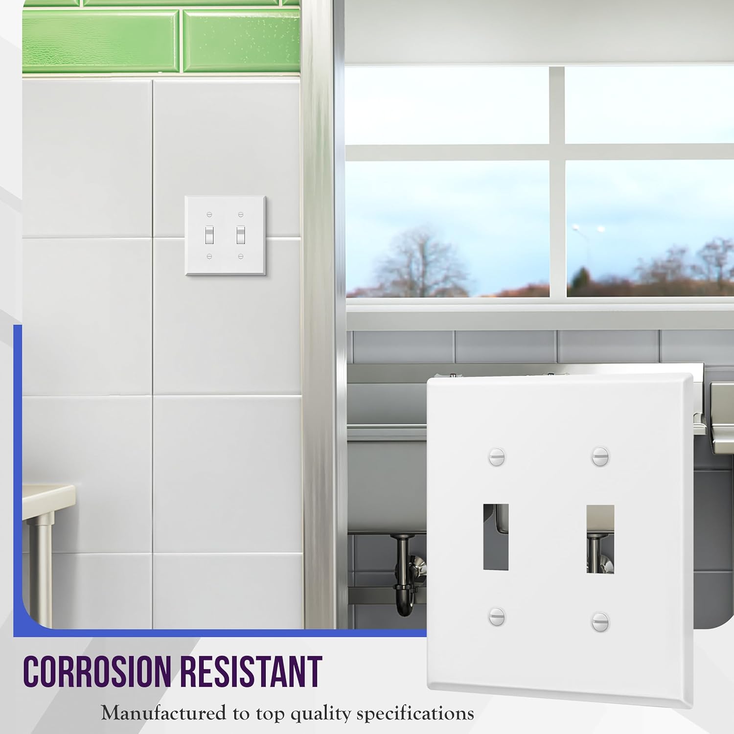 Double Toggle Light Switch Metal Cover Plate, Corrosion Resistant Wall Plate, 2-Gang 4.50" x 4.57", Powder Coated Steel, White Matte - Pack of 1