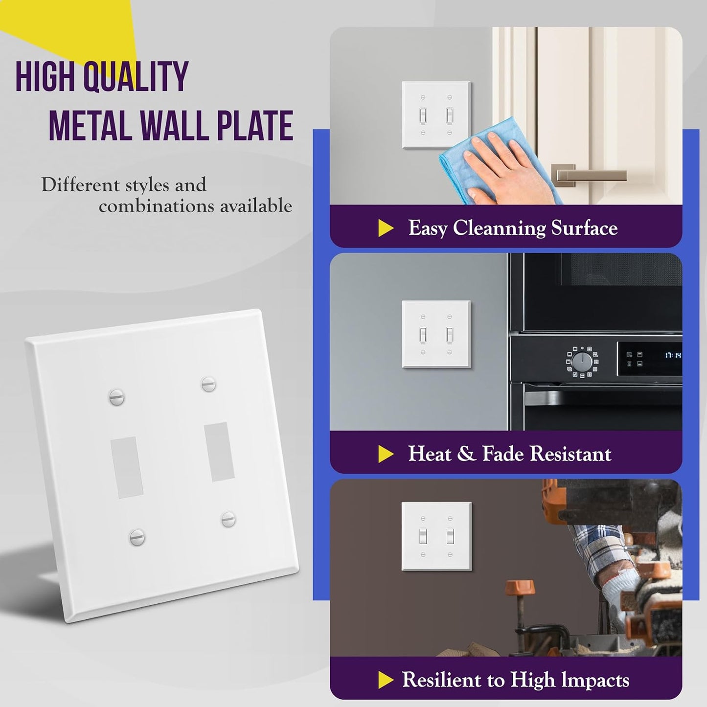 Double Toggle Light Switch Metal Cover Plate, Corrosion Resistant Wall Plate, 2-Gang 4.50" x 4.57", Powder Coated Steel, White Matte - Pack of 1